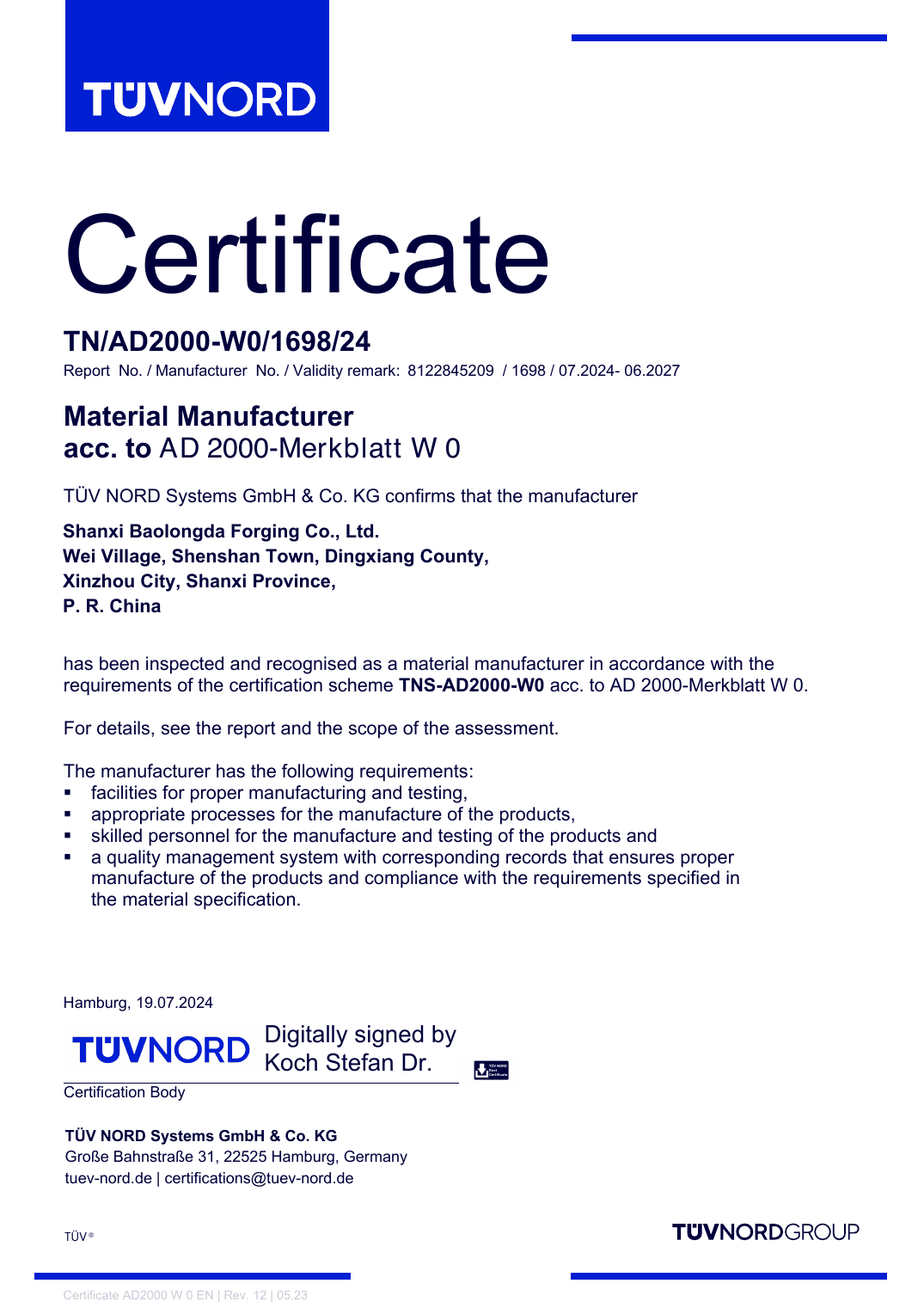 BLD AD 2000 W0 material manufacturer certificate preview