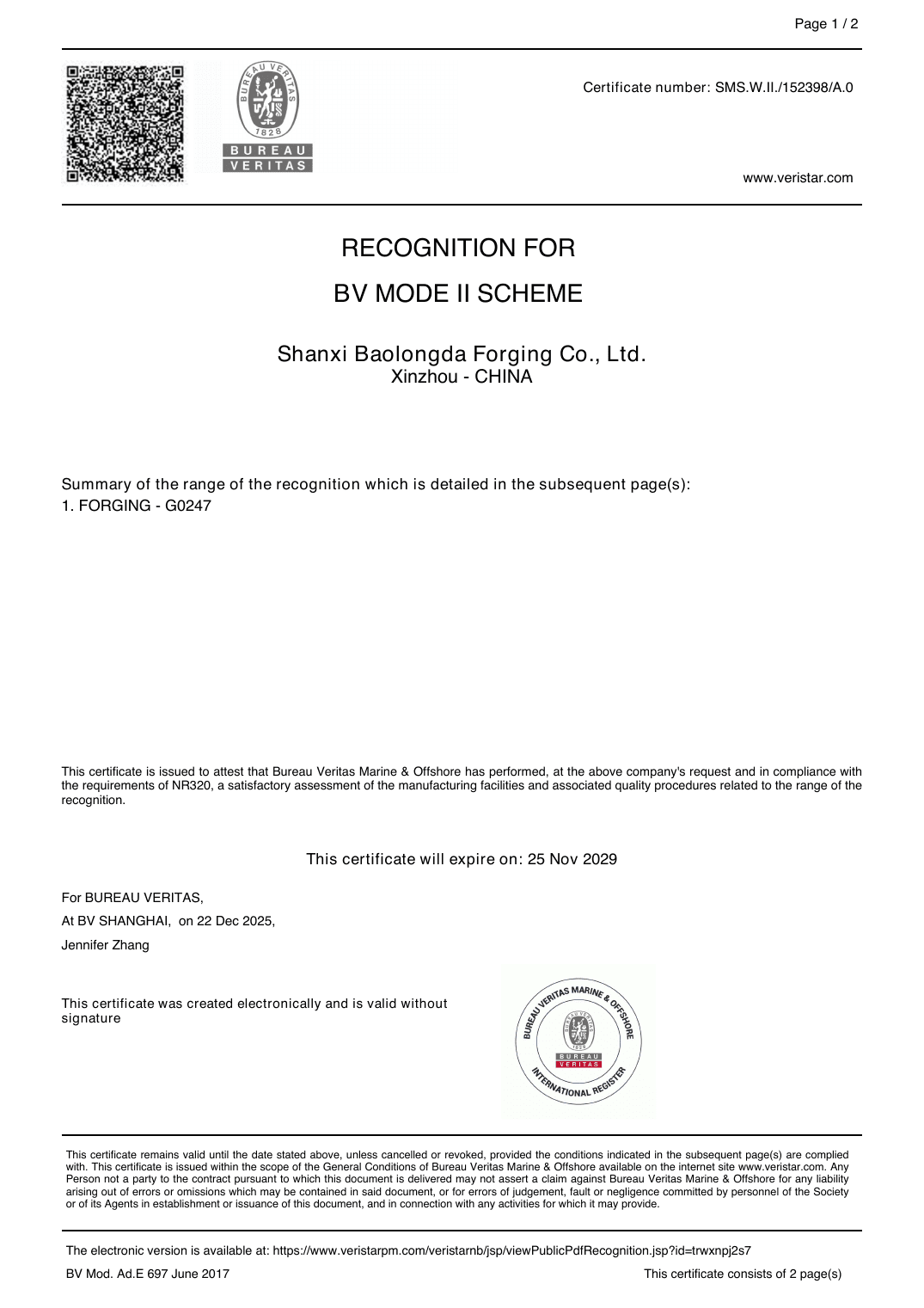 BLD Bureau Veritas forging recognition certificate preview