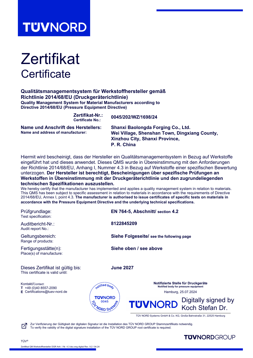 BLD PED pressure equipment certificate preview